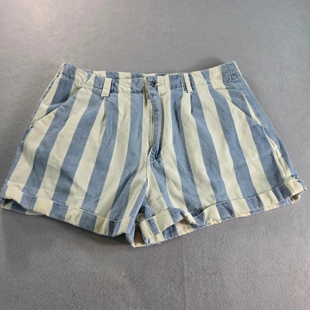 Blue & White Nautical Striped High-Waisted Pleated Grandma Denim Shorts 29